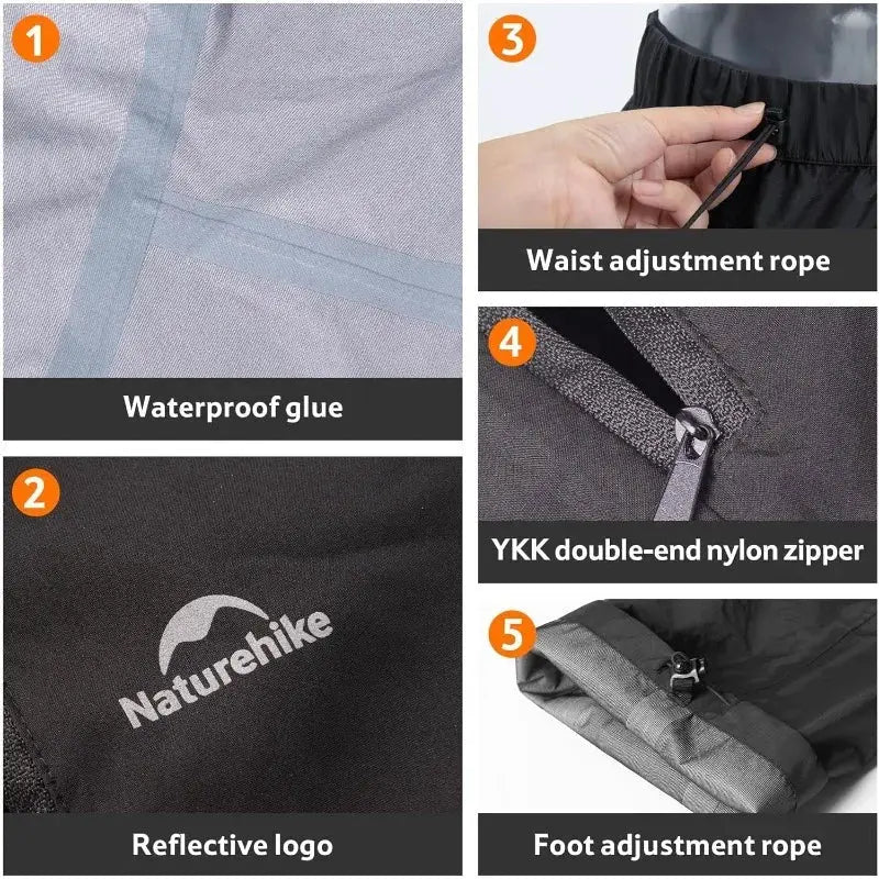 Naturehike rainproof hiking pants with reflective logo, waterproof seams, waist and ankle drawcords, YKK double-end nylon zipper.