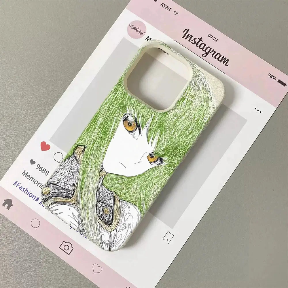 KawaiiCase Anime Sketch Green Haired iPhone Case For 11 Pro Max To 17 Pro Max Clear Half Wrapped Silicone Protection