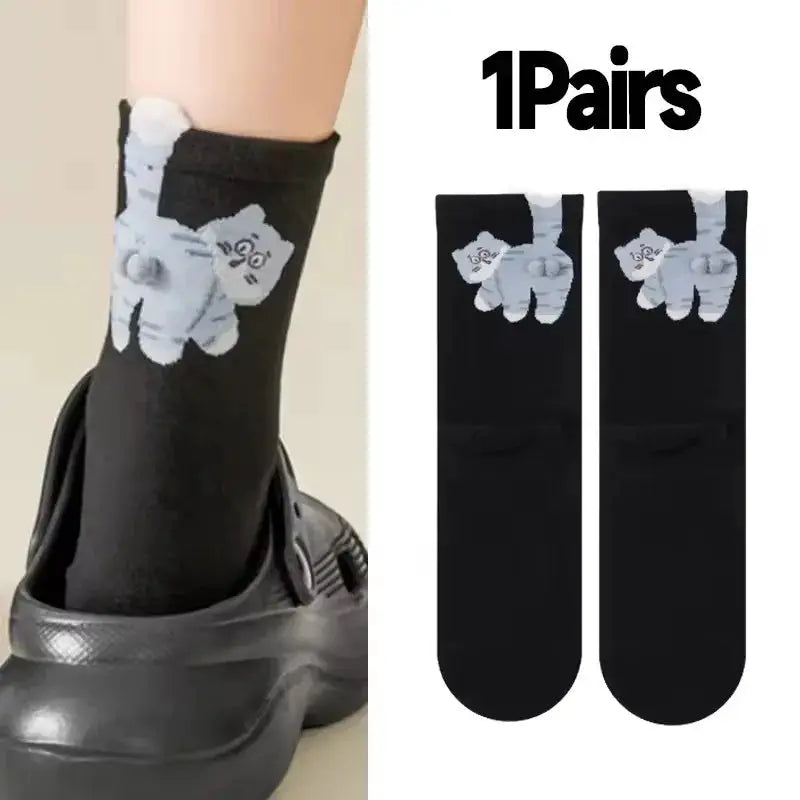 3D Cute Cat Socks Black And White Cotton Socks For Women And Girls Breathable Soft Kawaii Gift Sock Set