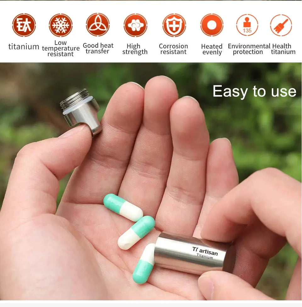 Tiartisan Titanium Mini EDC Pill Container by Simples Market; waterproof titanium pill case with green/white capsules