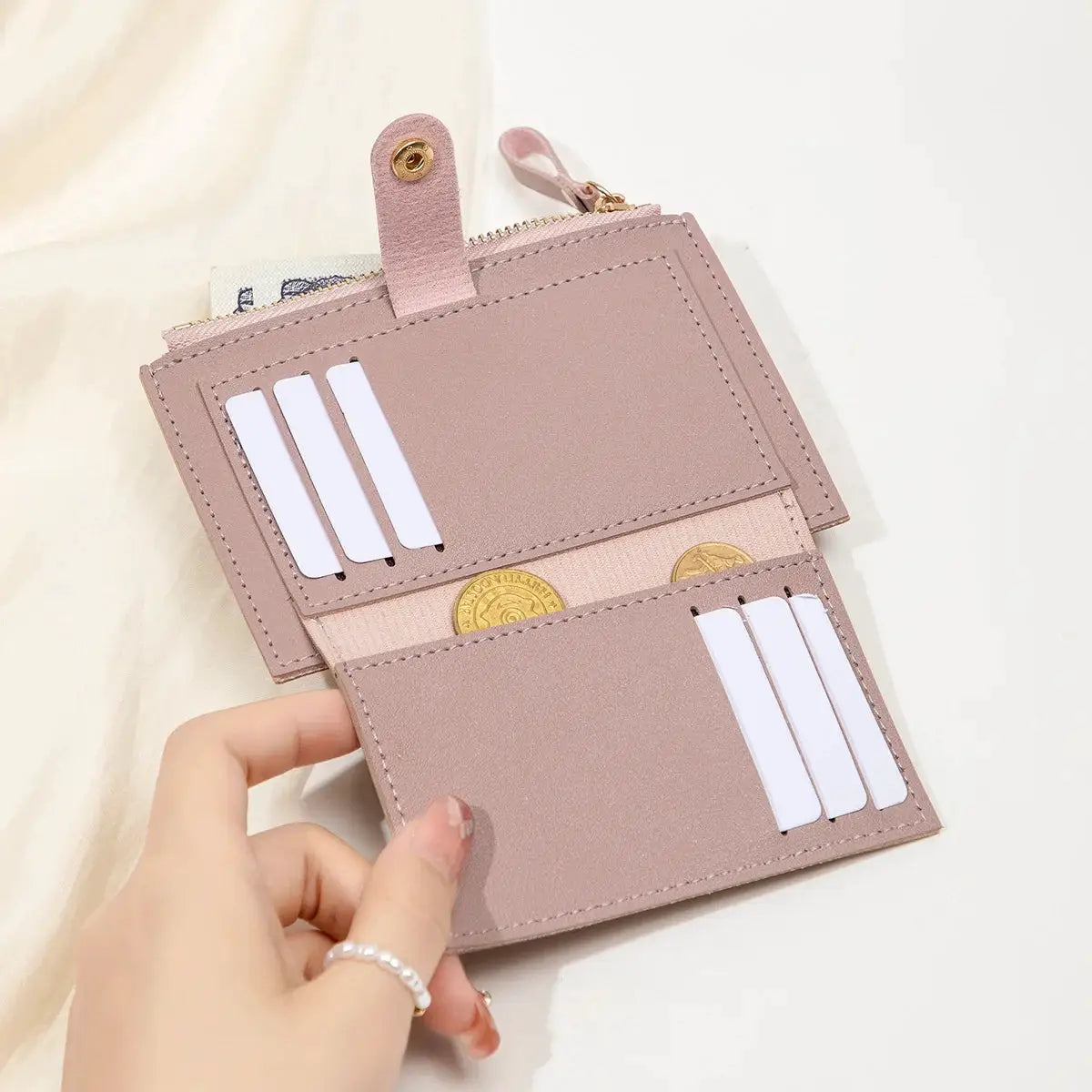 Pink ultra-thin minimalist PU leather card wallet for women with multiple card slots
