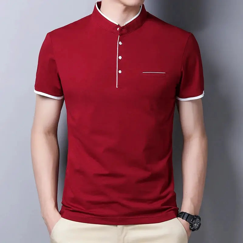 Simples Market men's red short-sleeve polo with stand-up collar, white trim, chest pocket detail