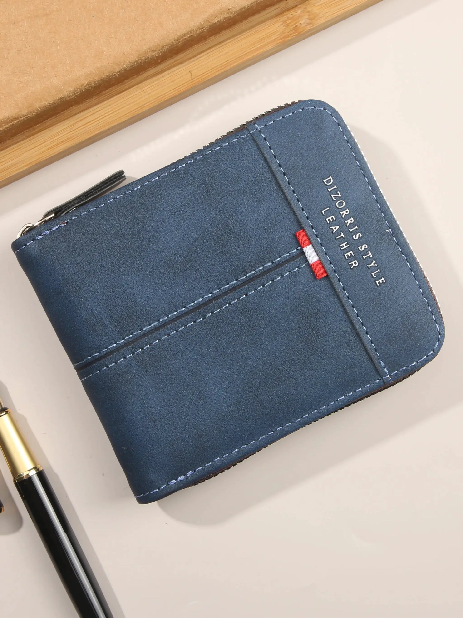 Blue leather men's wallet with zipper, white stitching and red pull tab, DIZORSS STYLE LEATHER branding