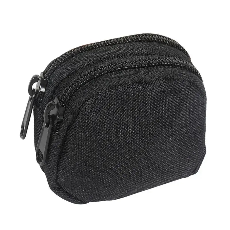 Nylon double-zipper coin purse pouch in black for keys and cards, compact outdoor MOLLE-style pouch