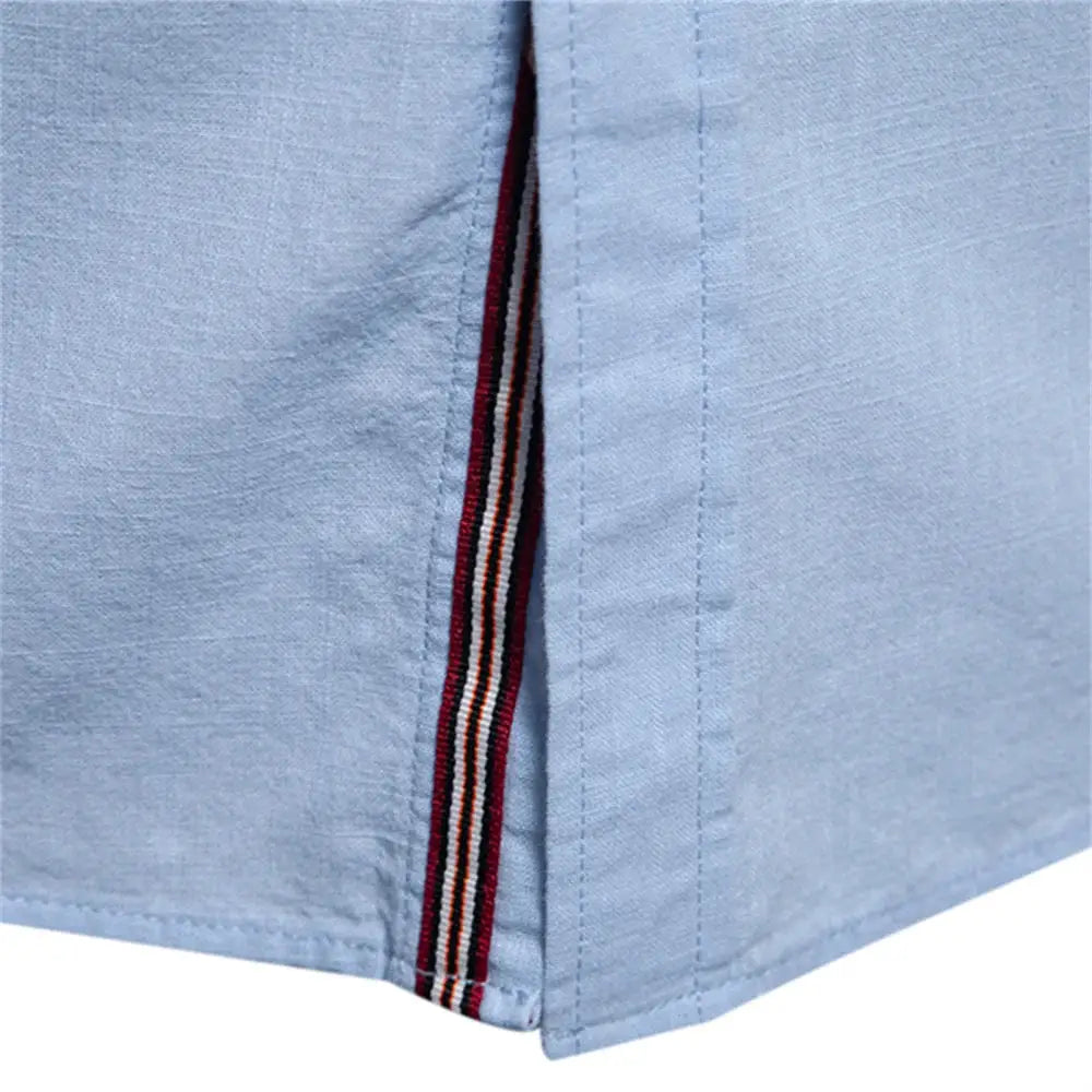 Men's light blue cotton shirt with striped side-seam trim, long-sleeve casual top