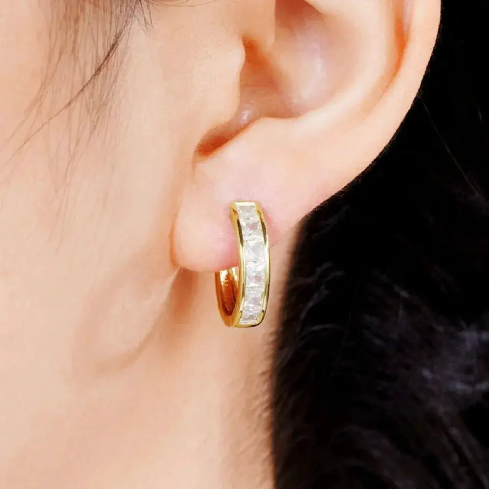 Huitan Classic Design Women Hoop Earrings With Princess Square CZ Zircon Silver Gold Plated Elegant Jewelry