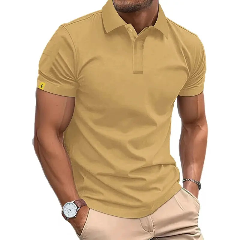 Tan men's polo shirt with short sleeves and collar; lightweight, breathable casual top