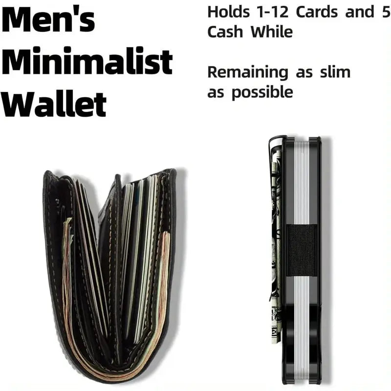 Men's minimalist RFID-blocking wallet by Simples Market, black aluminum slim wallet with money clip (2 wallets shown)