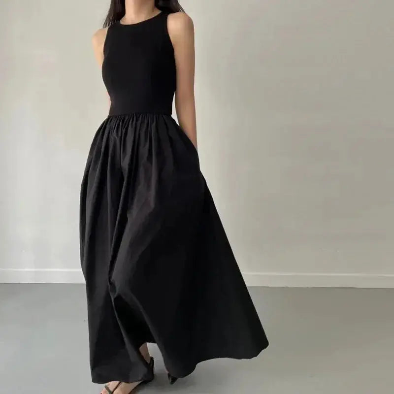 EleganceLane Black Round Neck Sleeveless Long Dress For Women High Waist Flattering Silhouette And Effortless Comfort
