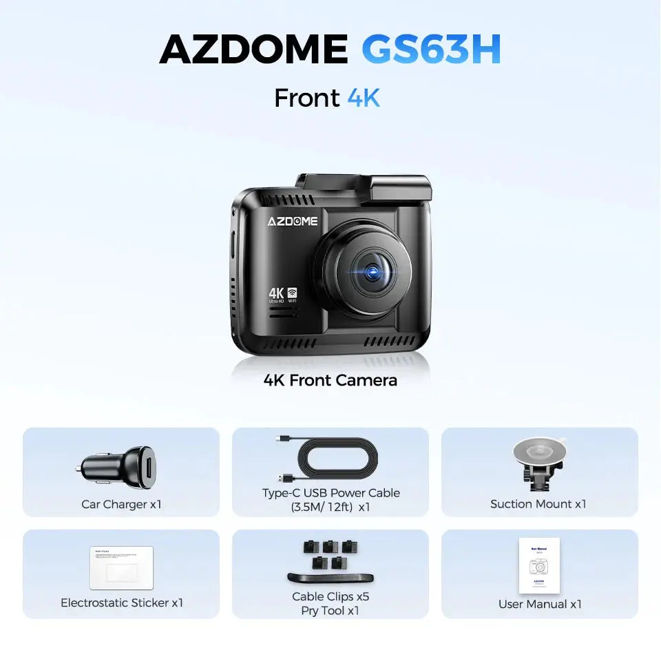 AZDOME GS63H 4K front dash cam with GPS and Wi-Fi; car charger x1, USB-C power cable x1, suction mount x1, cable clips x5, manual x1