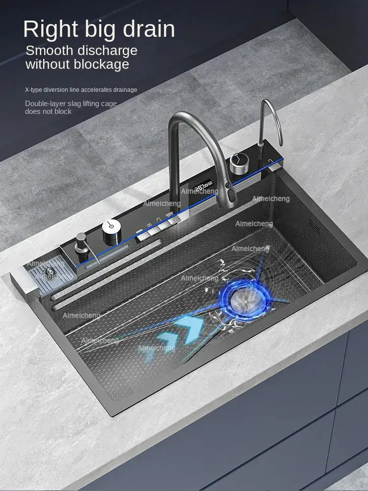 Simples Market 2026 stainless steel integrated kitchen sink with waterfall faucet, digital display, soap dispenser