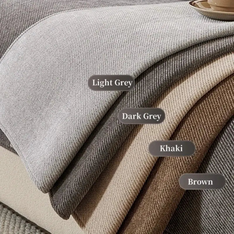 Sofa cover swatches in minimalist twill chenille; anti-slip, all-season, in light grey, dark grey, khaki, brown (4 colors)