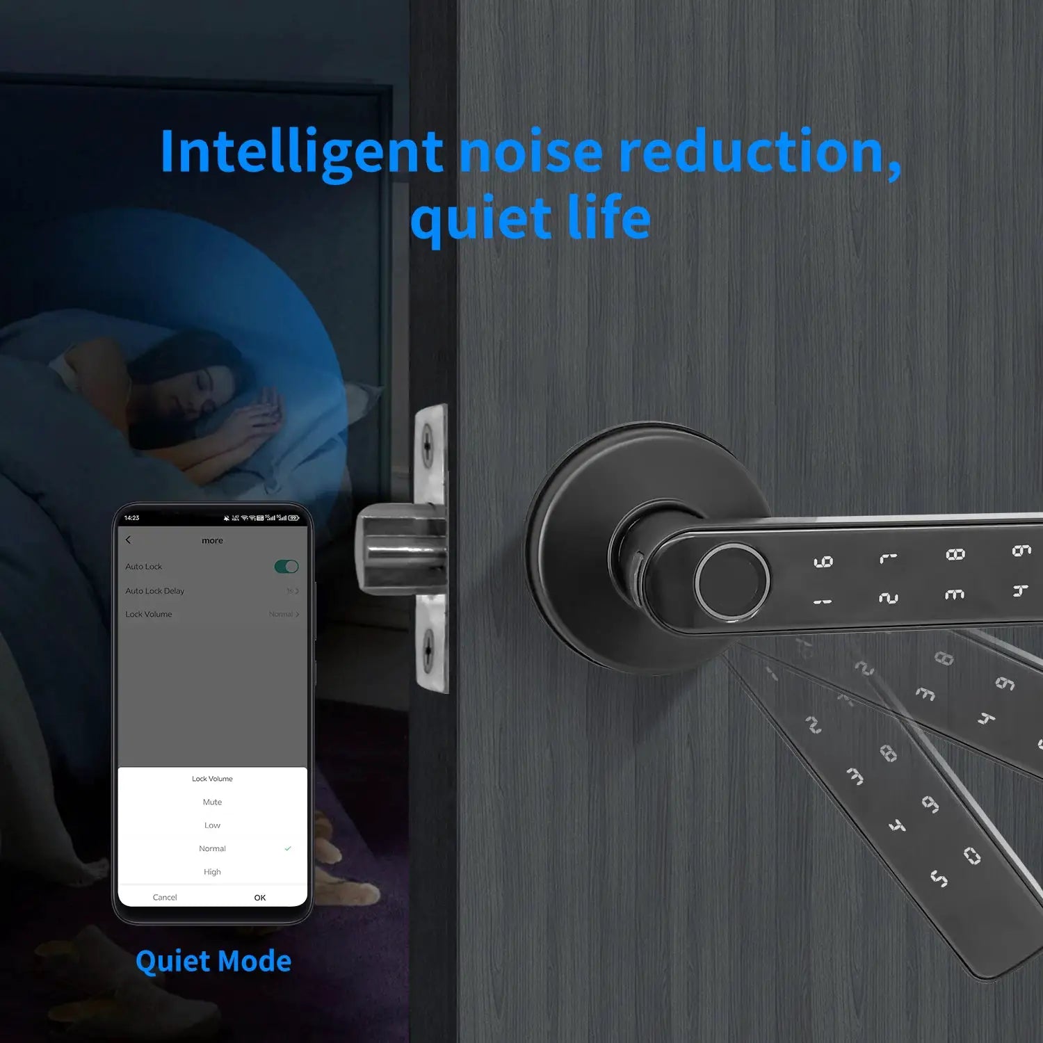 Tuya smart biometric door lock by Simples Market with fingerprint, password, and app unlock on a black handle.
