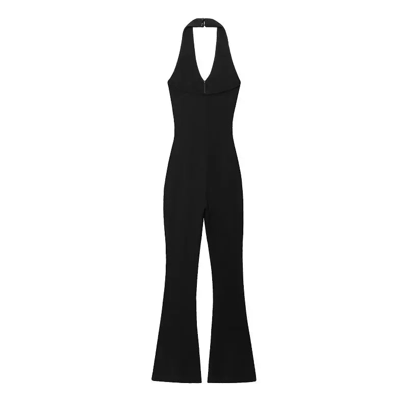 Simples Market black halter-neck long jumpsuit for women with flared legs