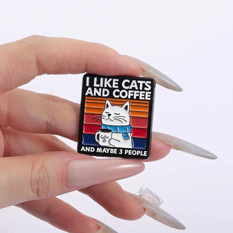 I Like Cats And Coffee And Maybe Three People Enamel Pin Cute Cat Drinking Coffee Metal Brooch Lapel Badge Jewelry Gift