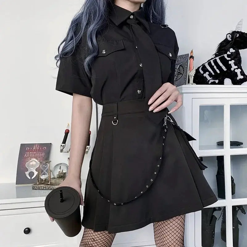 Harajuku punk gothic black high-waist mini skirt with patchwork bandage details, Simples Market