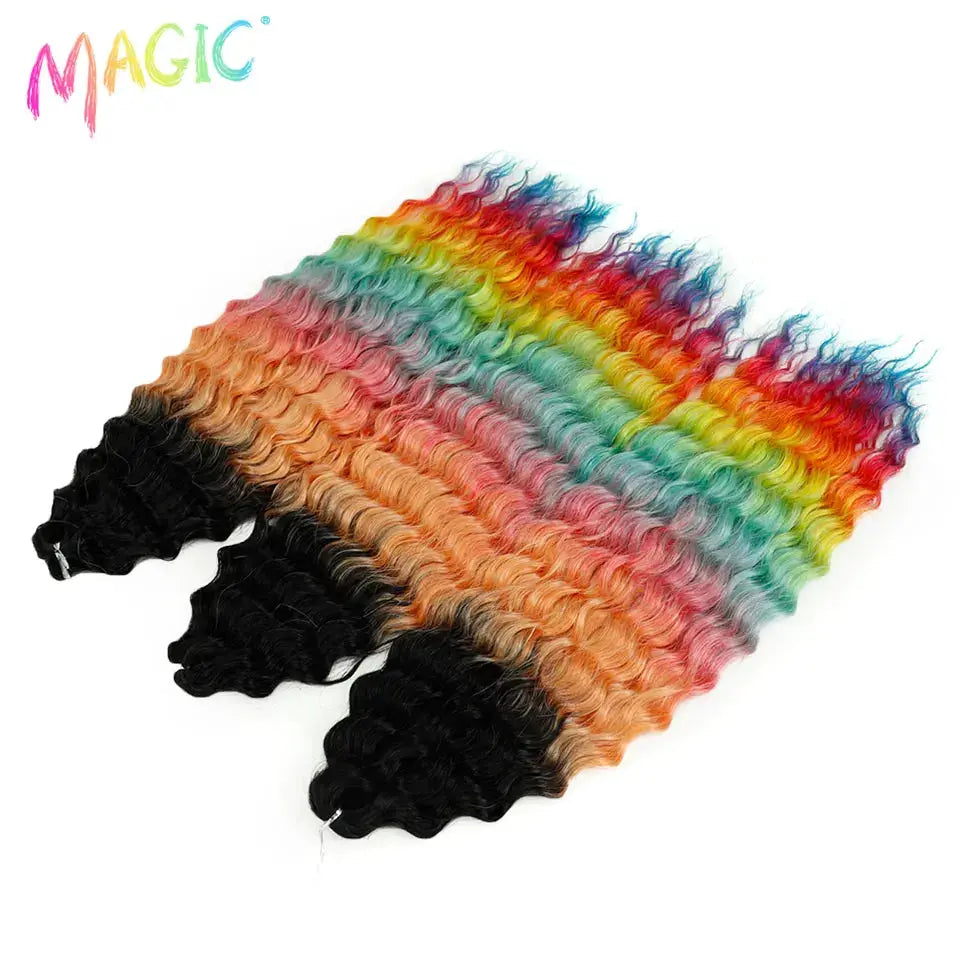 Magic Ariel curl crochet hair bundles in rainbow ombre, 22in deep wave braiding extensions Simples Market