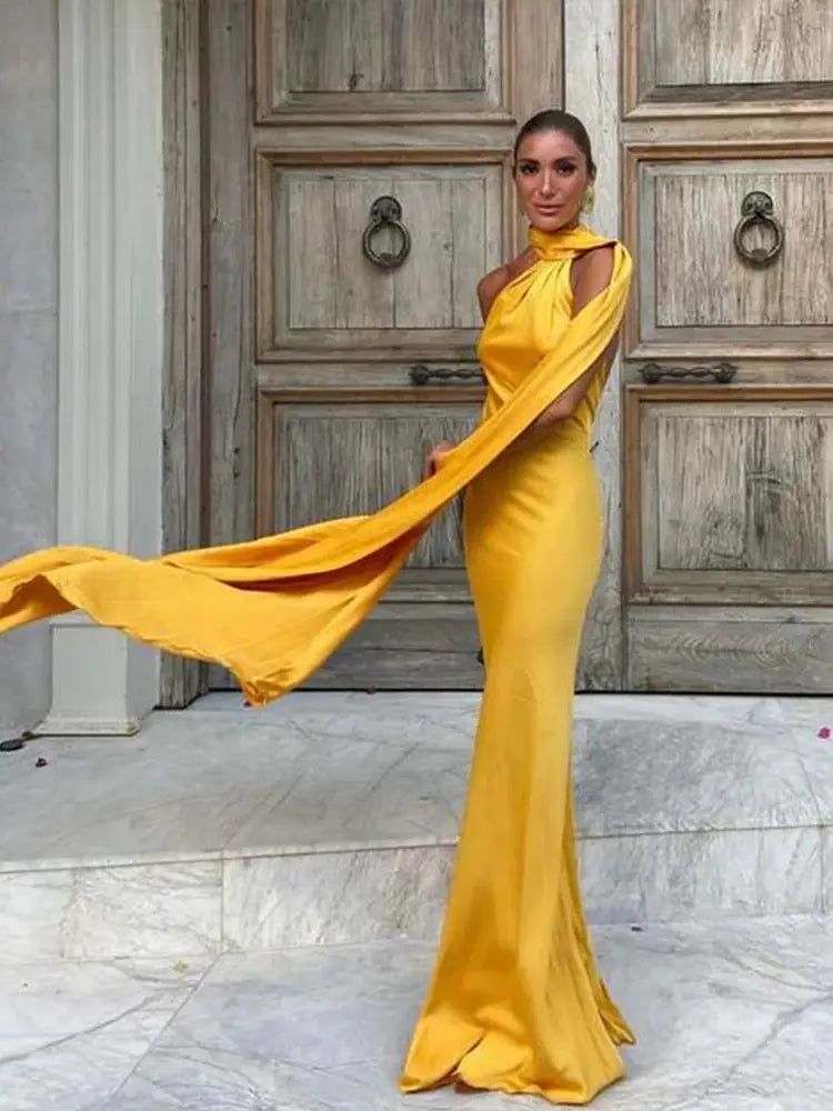 Glamouria Satin Ribbon Party Dress Halter Backless Off Shoulder Sleeveless Gown For Summer Events