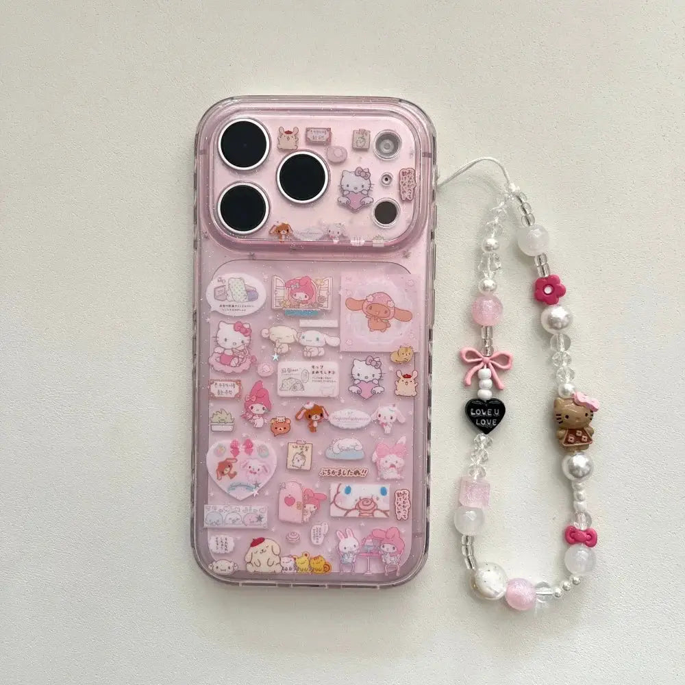 Hello Kitty Melody pink phone case with attached beaded pendant bracelet for iPhone 14/15/16/17 Pro Max