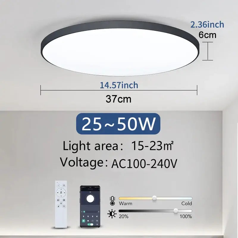 Round LED ceiling lamp with white diffuser and black rim, diameter 37 cm, 25–50 W dimmable with remote and app.