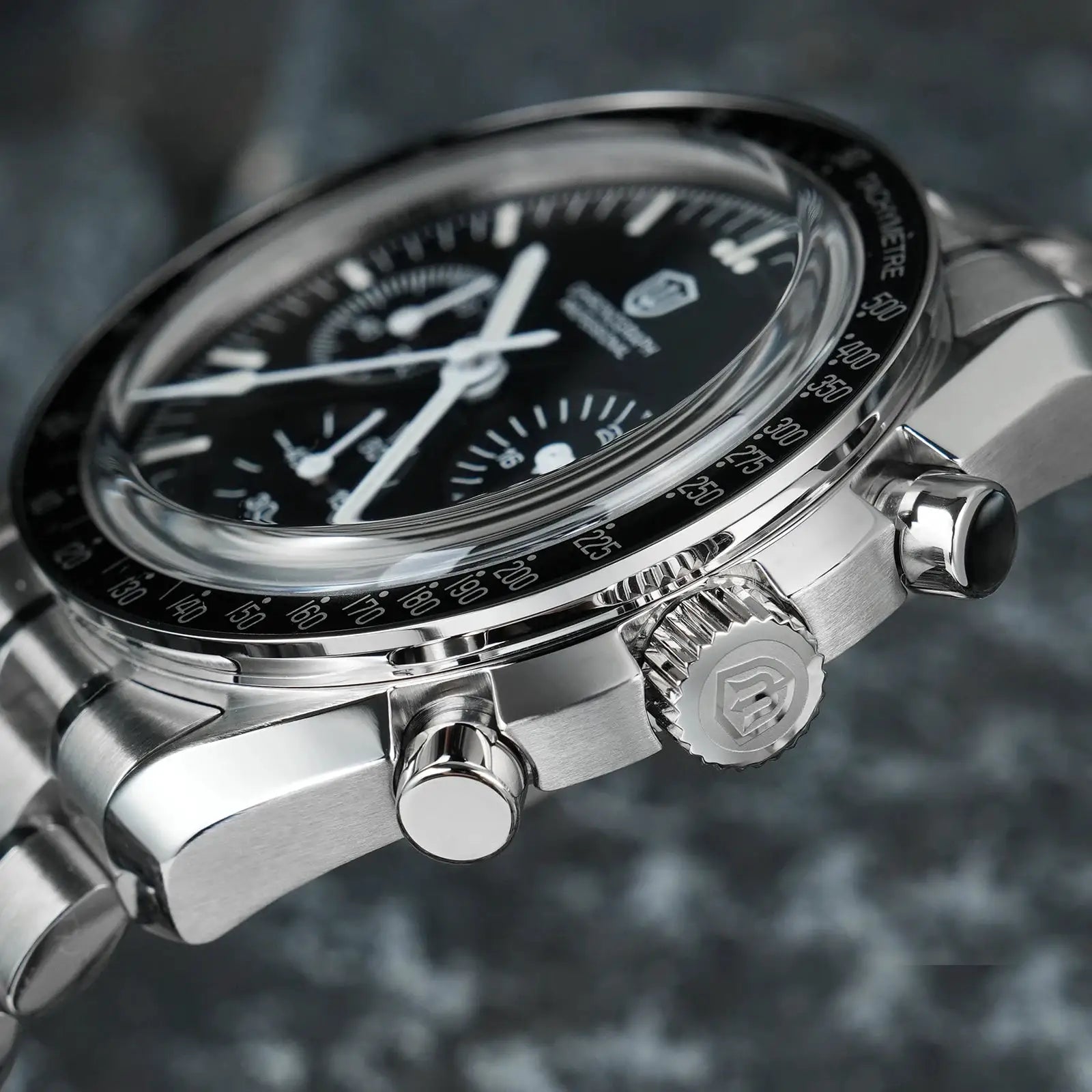 Watchdives WD1863 chronograph watch, stainless steel case and bracelet, black dial with tachymeter bezel