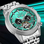 Glenaw automatic men's watch with teal dial, stainless steel bracelet, tachymeter bezel and exposed movement.