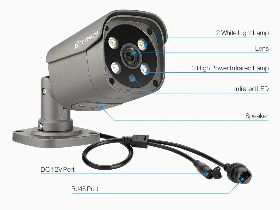 Techage gray metal outdoor IP camera with lens, 2 white light lamps, 2 high-power infrared lamps, infrared LED, speaker; DC 12V and RJ45 ports