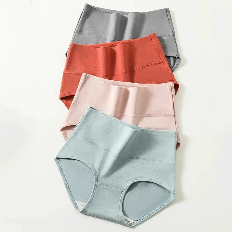 4-pack high-waist cotton underwear Simples Market; womens briefs in gray, red, pink, blue, breathable, plus sizes M-5XL.
