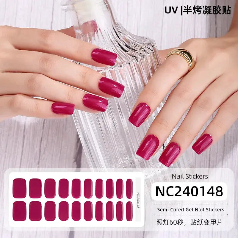 Gel nail stickers in burgundy for full-cover manicures, displayed on nails with a sticker sheet.