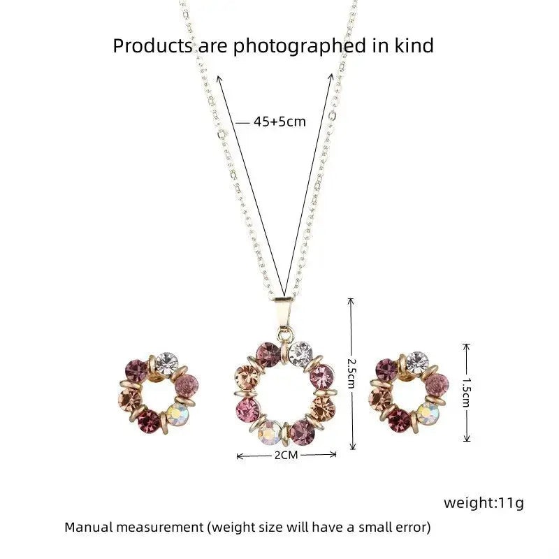 3 Piece Gold Necklace and Earrings Set for Ladies Celebrity Style Exquisite Stained Glass Diamond Circle Jewelry