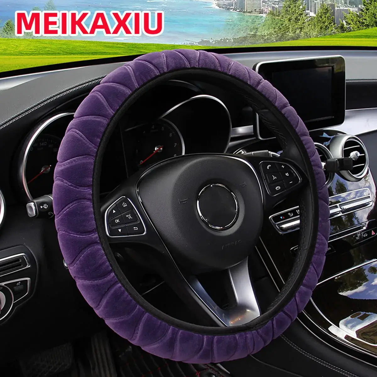 Purple plush steering wheel cover for 14.5-15 inch cars, soft short-fur interior accessory