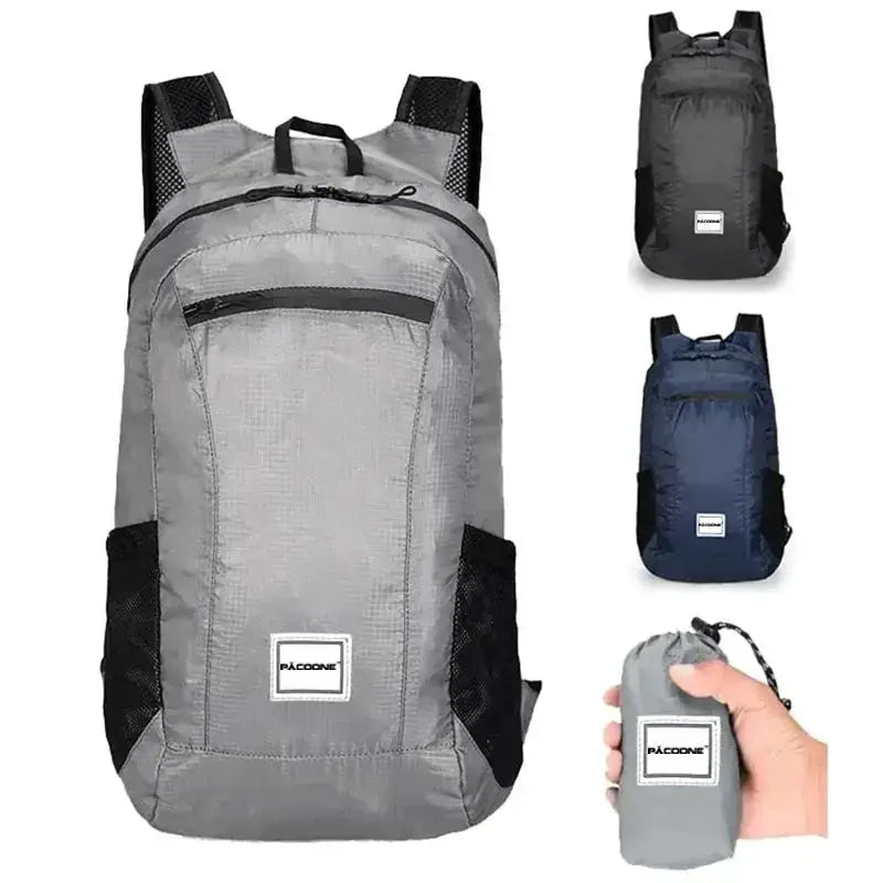 Ultralight Foldable 20L Hiking Backpack in gray, navy, and compact pouch for portable outdoor adventures.