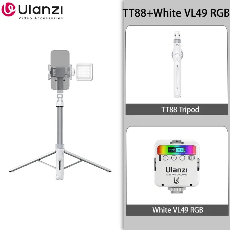 Ulanzi TT88 overhead selfie stick tripod with magnetic clamp LED light, white, bundled with VL49 RGB remote.