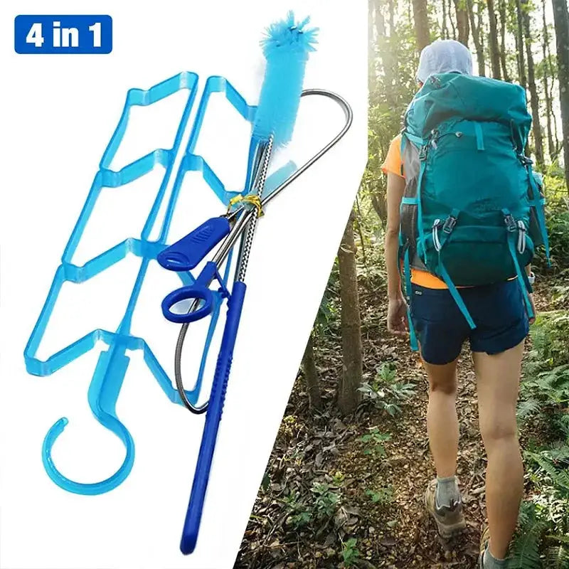 4-in-1 hydration water bladder cleaning kit in blue with brush, cleaning rod and hook for outdoor camping by Simples Market