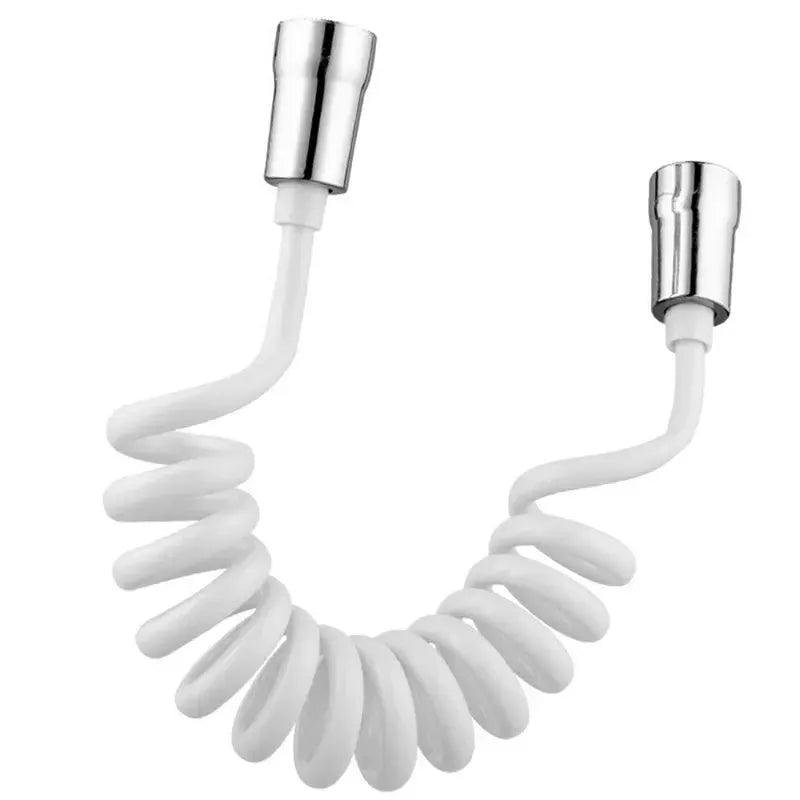 Bidet sprayer hose for toilet, flexible white coiled hose with chrome fittings.
