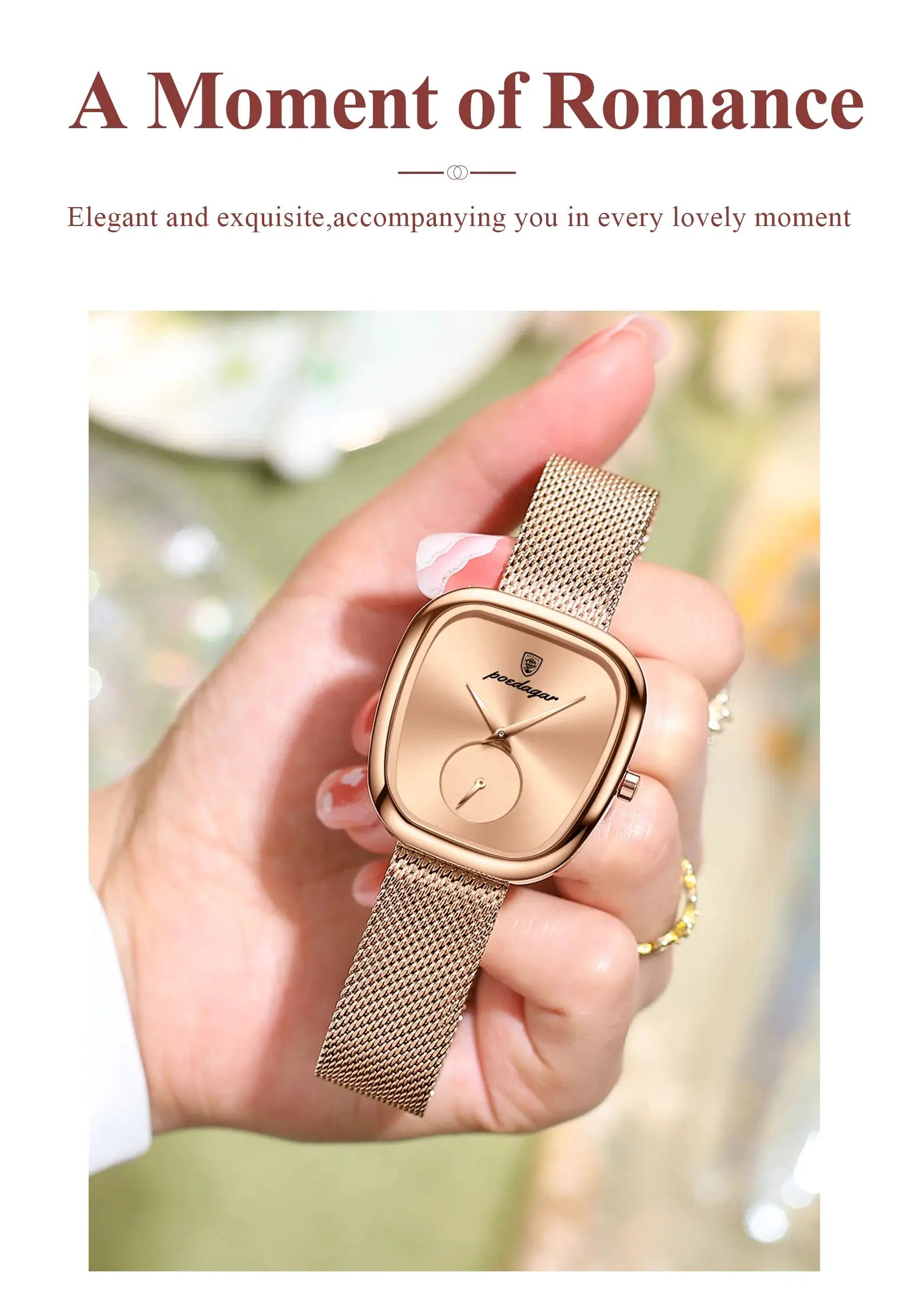 POEDAGAR rose-gold stainless steel mesh women's watch, waterproof quartz movement.