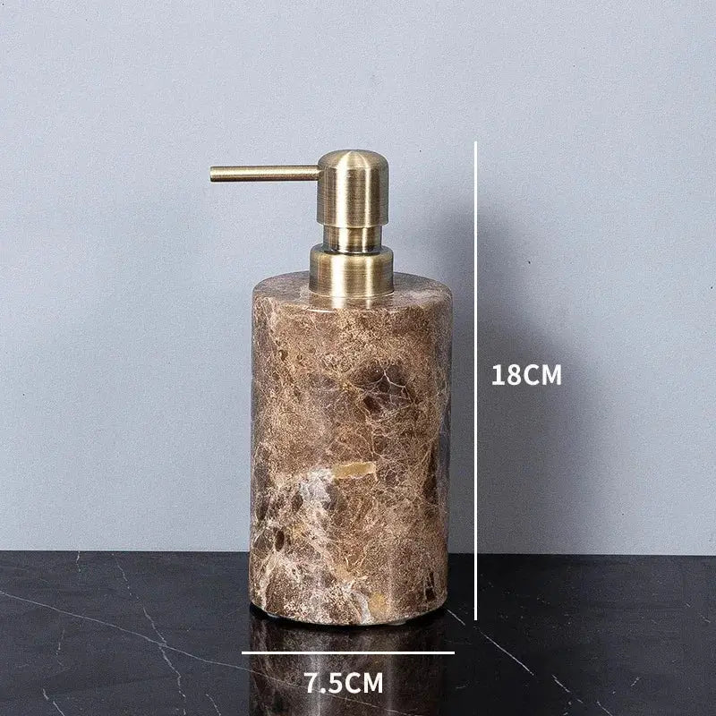 Emperador Dark marble bathroom soap dispenser with brass pump; brown natural stone, 18cm tall, 7.5cm base.