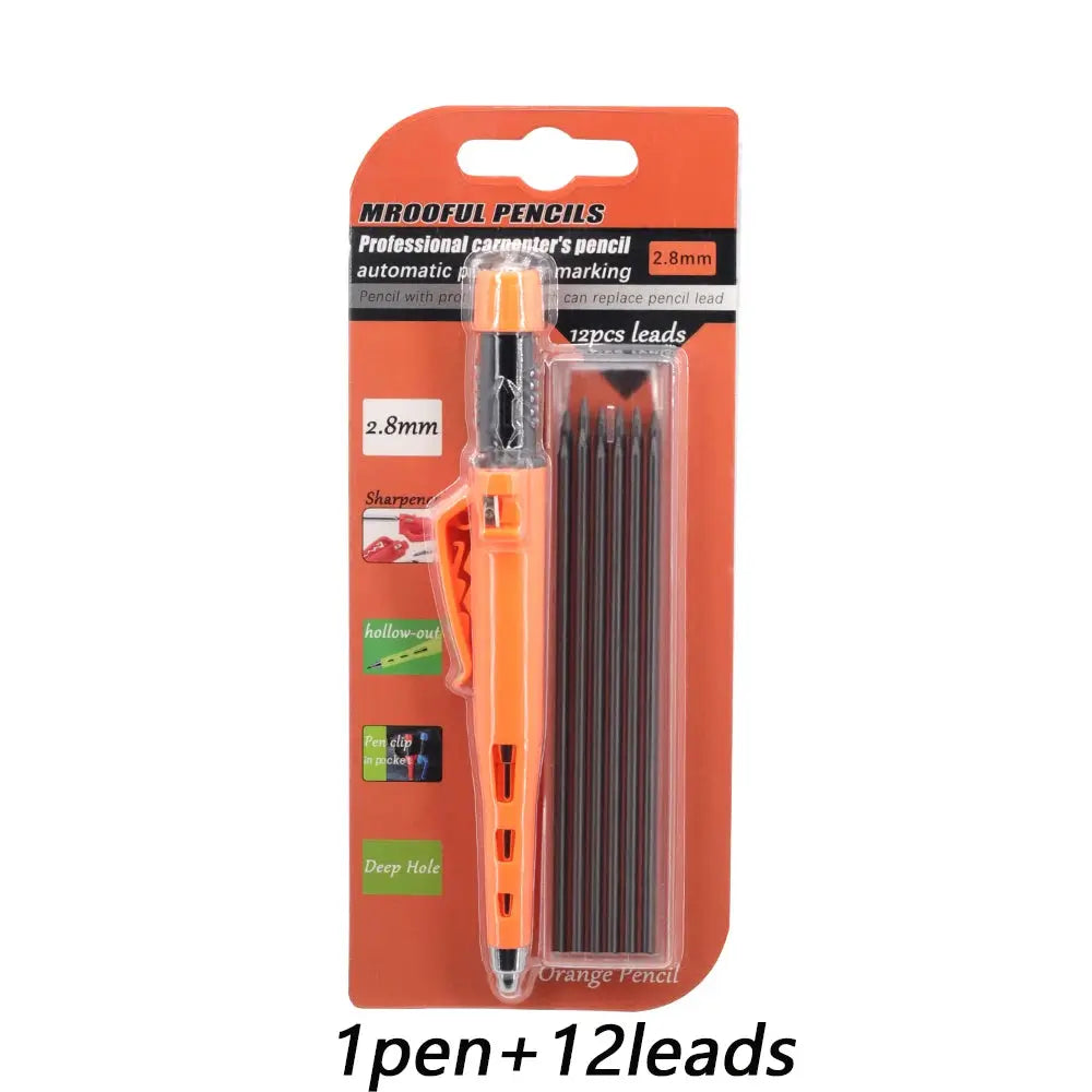 Professional 2.8mm woodworking pencil set by Simples Market with 12 lead refills, orange carpenter marking pen