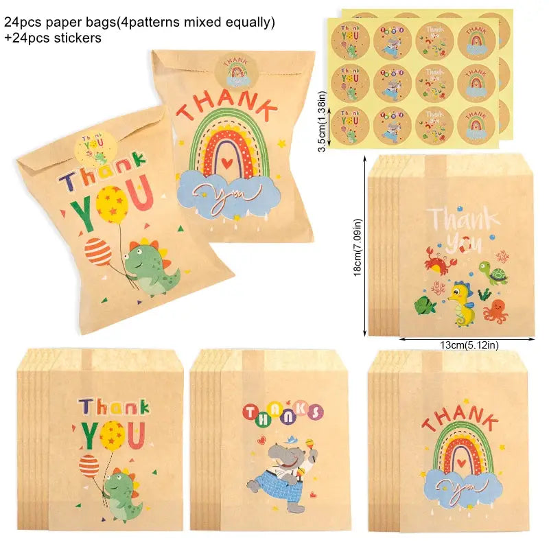 Thank You kraft paper gift bags set with 4 mixed designs (24 bags) and 24 stickers; dinosaur and rainbow themes