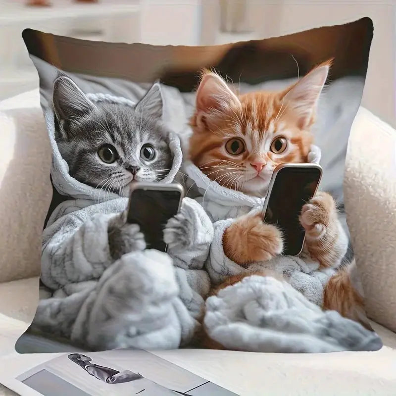 Pillow cover featuring gray and orange kittens in robes holding smartphones, vibrant bohemian design