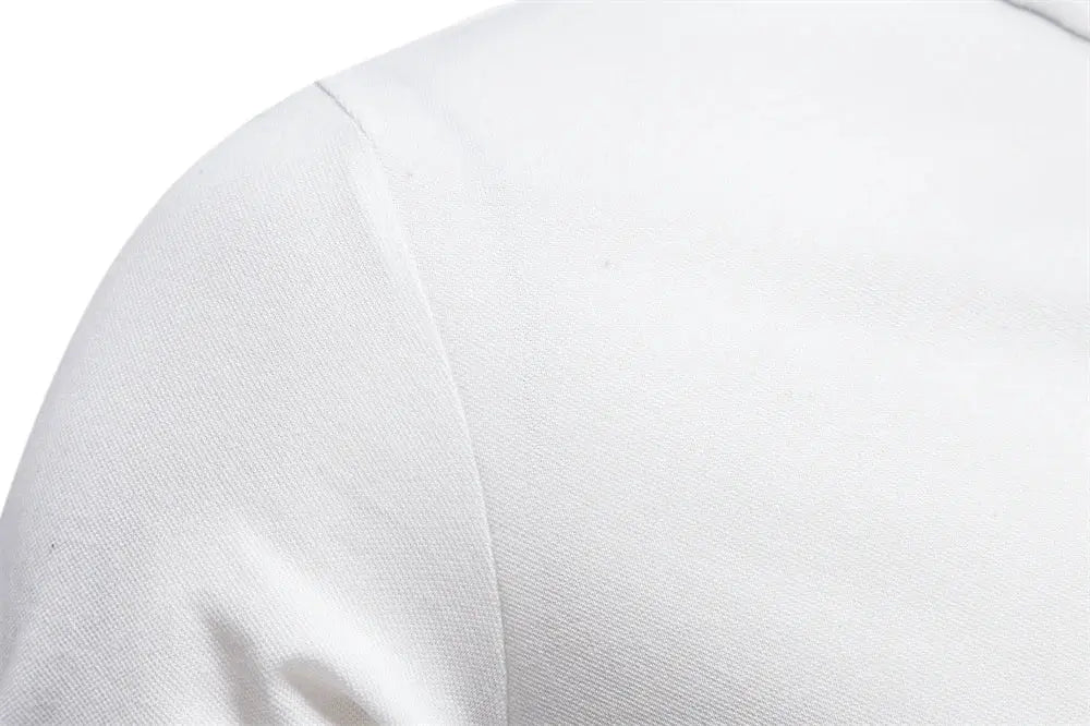 Men's white cotton polo shirt with short sleeves; solid color.