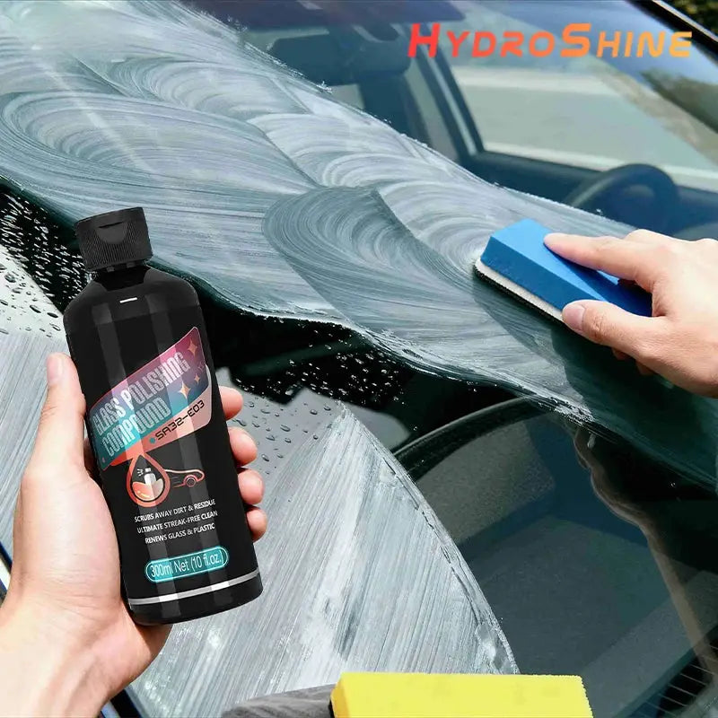 HydroShine glass polishing compound bottle for car windshield cleaning; black bottle with label