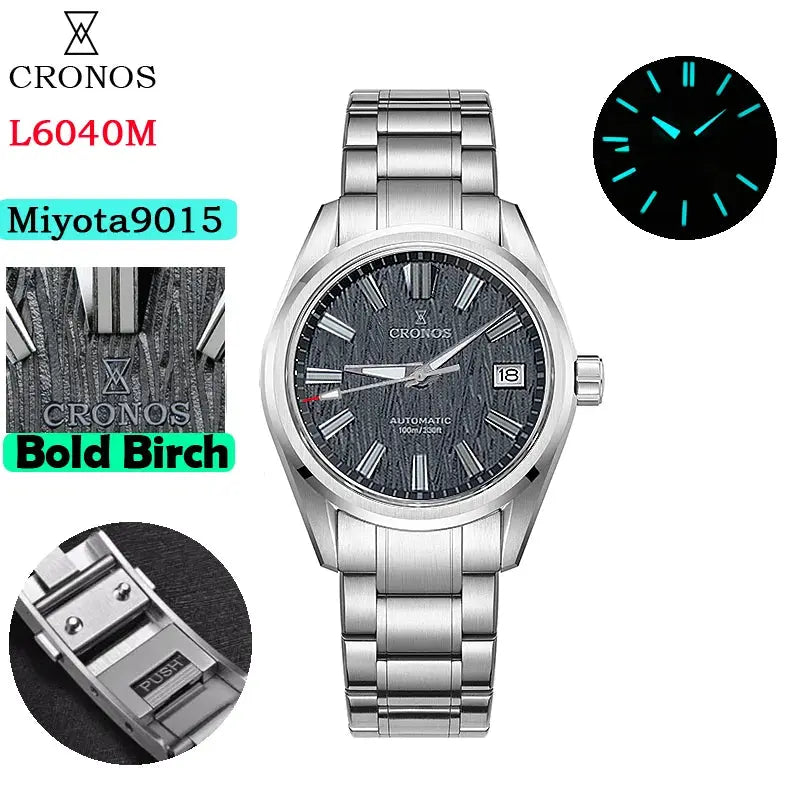 Cronos Men Watch 39mm automatic with Miyota 9015; birch-pattern dial, sapphire crystal, stainless steel bracelet