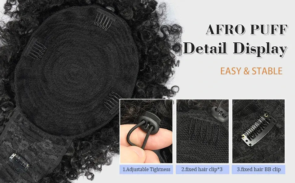 Afro Puff kinky curly hair updo ponytail extension with bangs in black synthetic hair, drawstring ponytail with clips