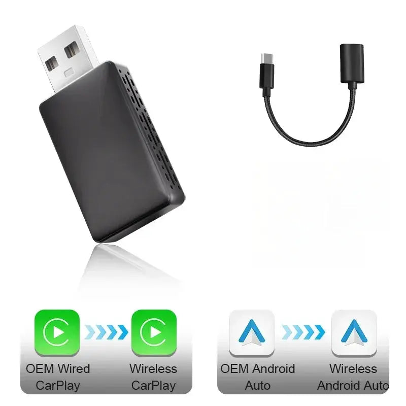 FLIXIVI 2-in-1 CarPlay/Android Auto wireless car adapter dongle and USB-C cable, black, by Simples Market.
