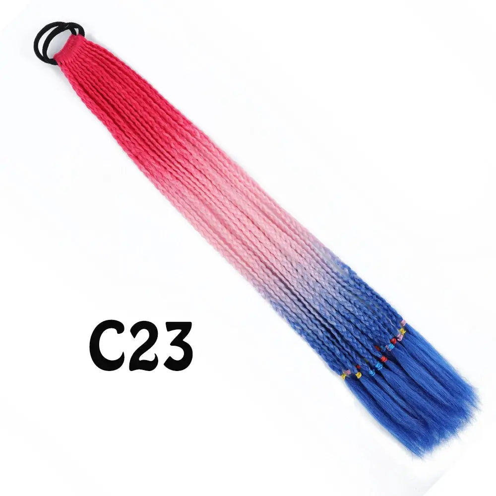 Synthetic gradient rainbow braided ponytail extension with elastic band, 24 inches