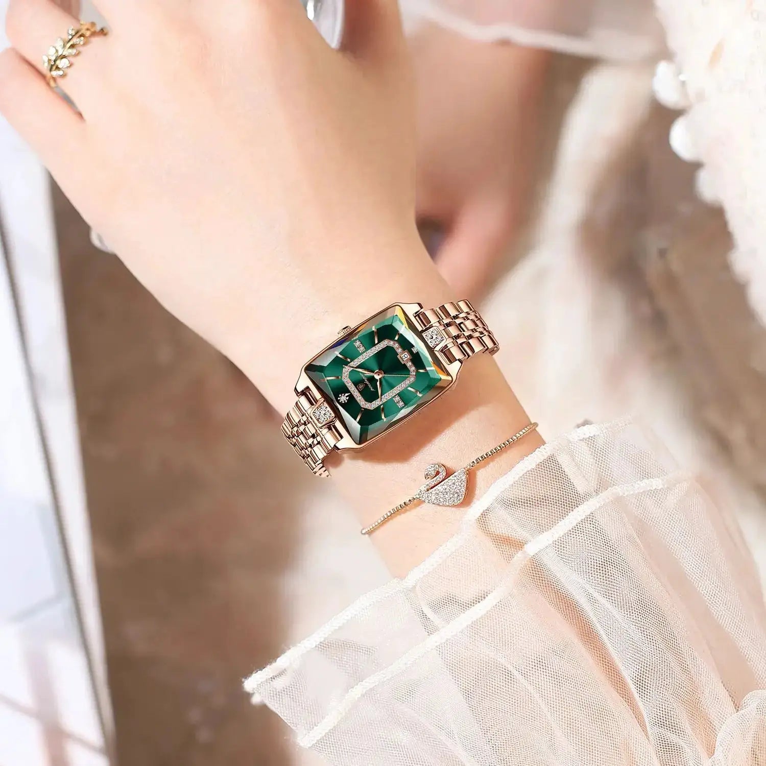 POEDAGAR luxury women's rose-gold stainless steel quartz watch with green square dial and crystal bezel