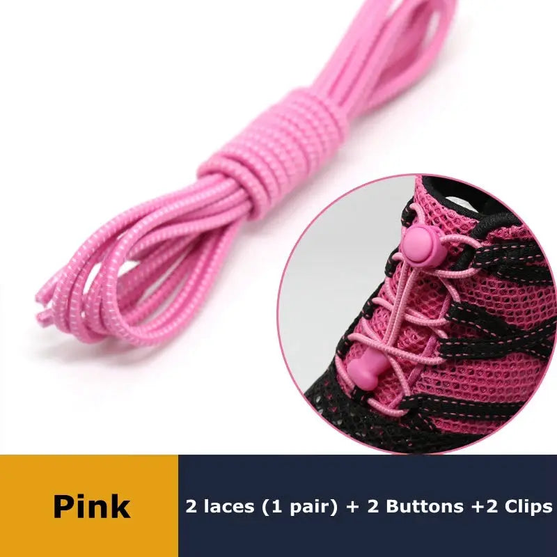 Pink elastic no-tie sneaker shoelaces with locking toggles; Simples Market 1 pair with buttons and clips.