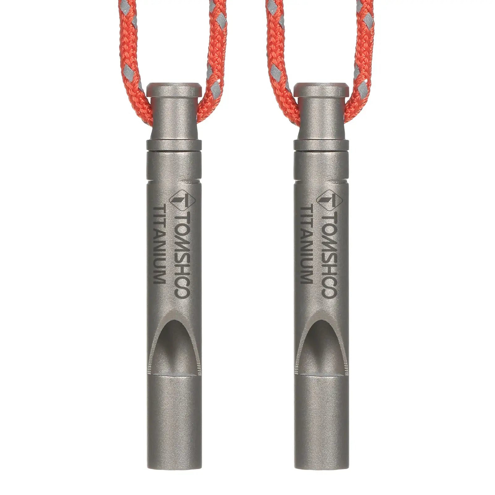 Pair of TOMSHOO titanium emergency whistles with red cords for outdoor survival, camping and hiking.
