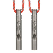 Pair of TOMSHOO titanium emergency whistles with red cords for outdoor survival, camping and hiking.